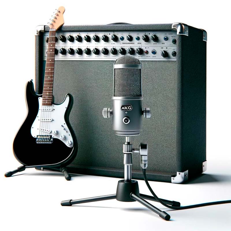 Micrófono estilo AKG capturando el sonido de un amplificador de guitarra