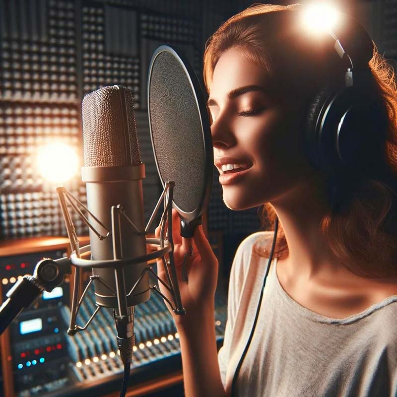 Cantante femenina actuando en un estudio con un micrófono condensador profesional