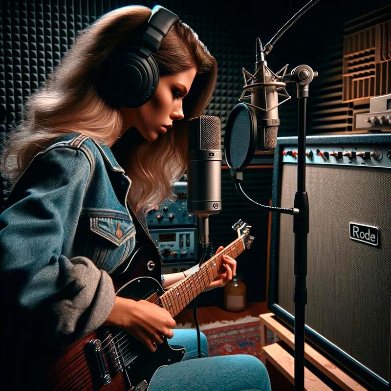 Chica tocando la guitarra en un estudio con un micrófono Rode frente al amplificador