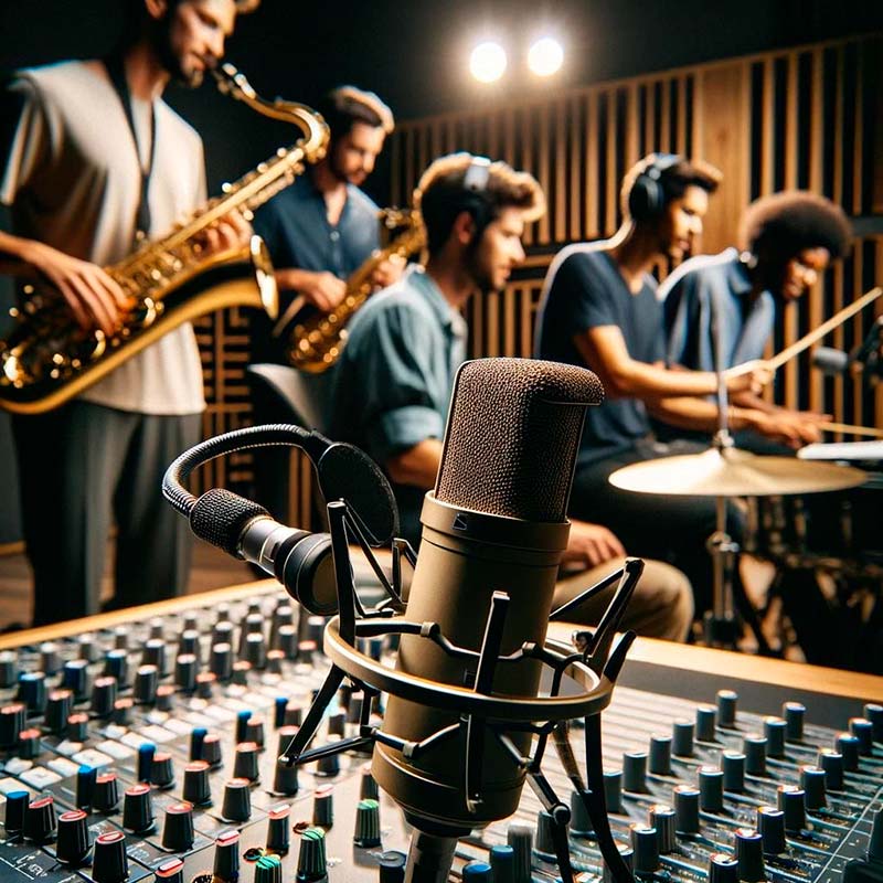 Banda de jazz grabando en estudio con micrófonos Sennheiser